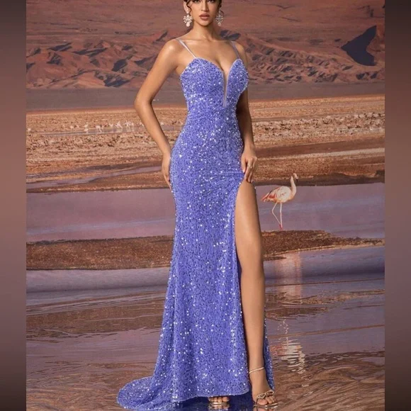 Luxe purple slit thigh sequins party dress - Picture 8 of 8